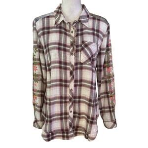 Aratta Silent Journey Size S Plaid Flannel Nature Shirt Button Up Embroidered